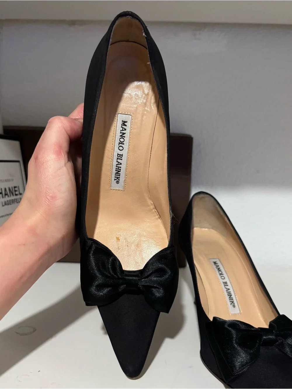 Manolo Blahnik Black Satin Bow Pointed Pumps